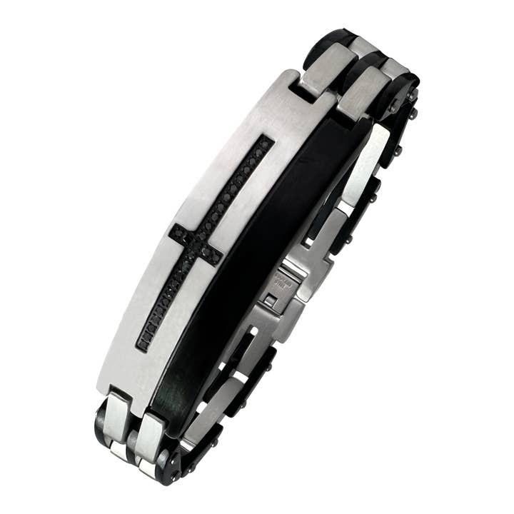 Bracelet en acier inoxydable avec accents croix en CZ pour la vente par AAB Style Inc.