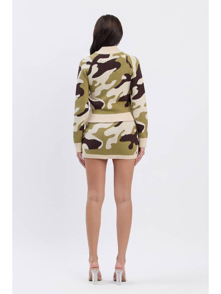 Thick camo print ribbed knit zip up top for wholesale on Faire5