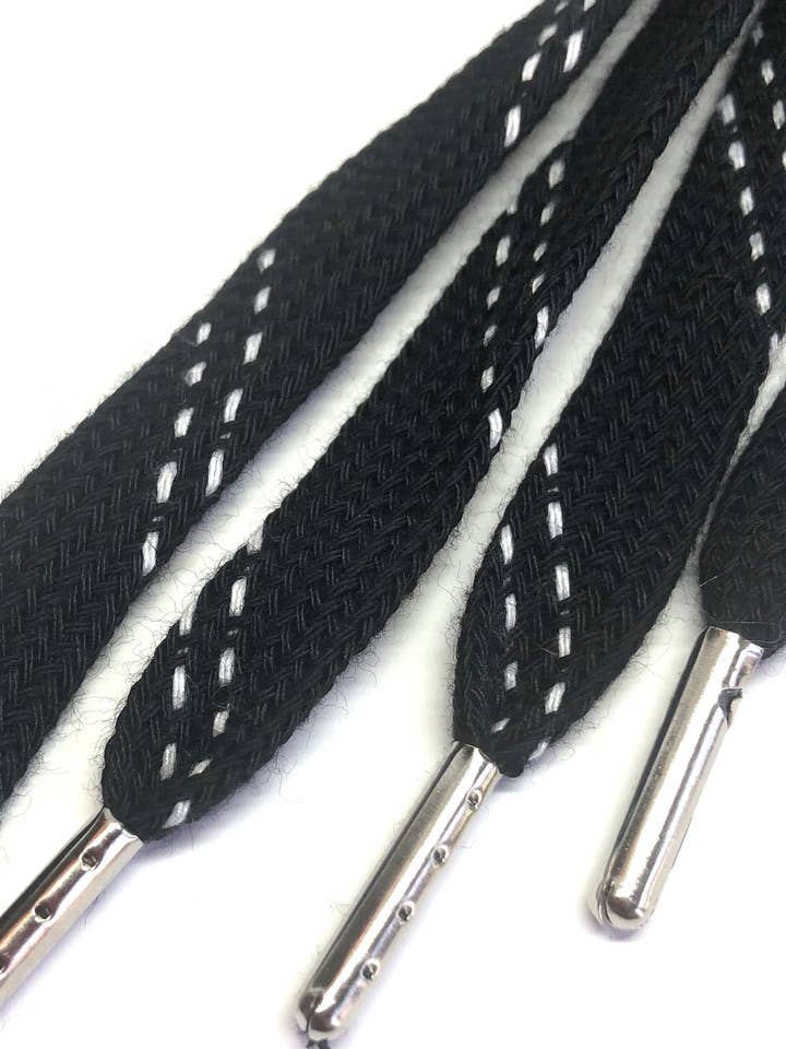Premium Flat Black w/White Accents Classic Shoelaces for wholesale by The Shoelace Factory