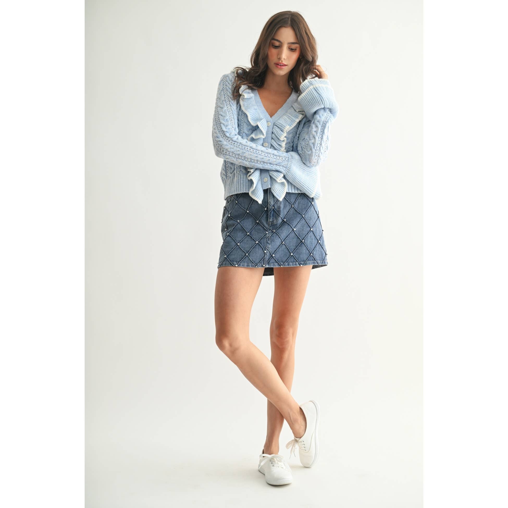 Camellia - Wholesale Cardigan - Women's - STYLIESH BLUE RUFFLED CARDIGAN1