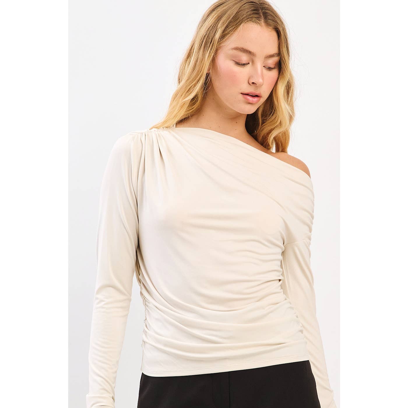 mittoshop - Wholesale Knit Top - Women's - ONE SHOULDER LONG SLEEVE DRAPE BRUSHED KNIT TOP0