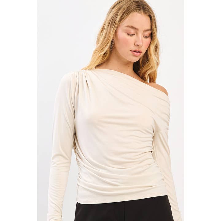 mittoshop - Wholesale Knit Top - Women's - ONE SHOULDER LONG SLEEVE DRAPE BRUSHED KNIT TOP