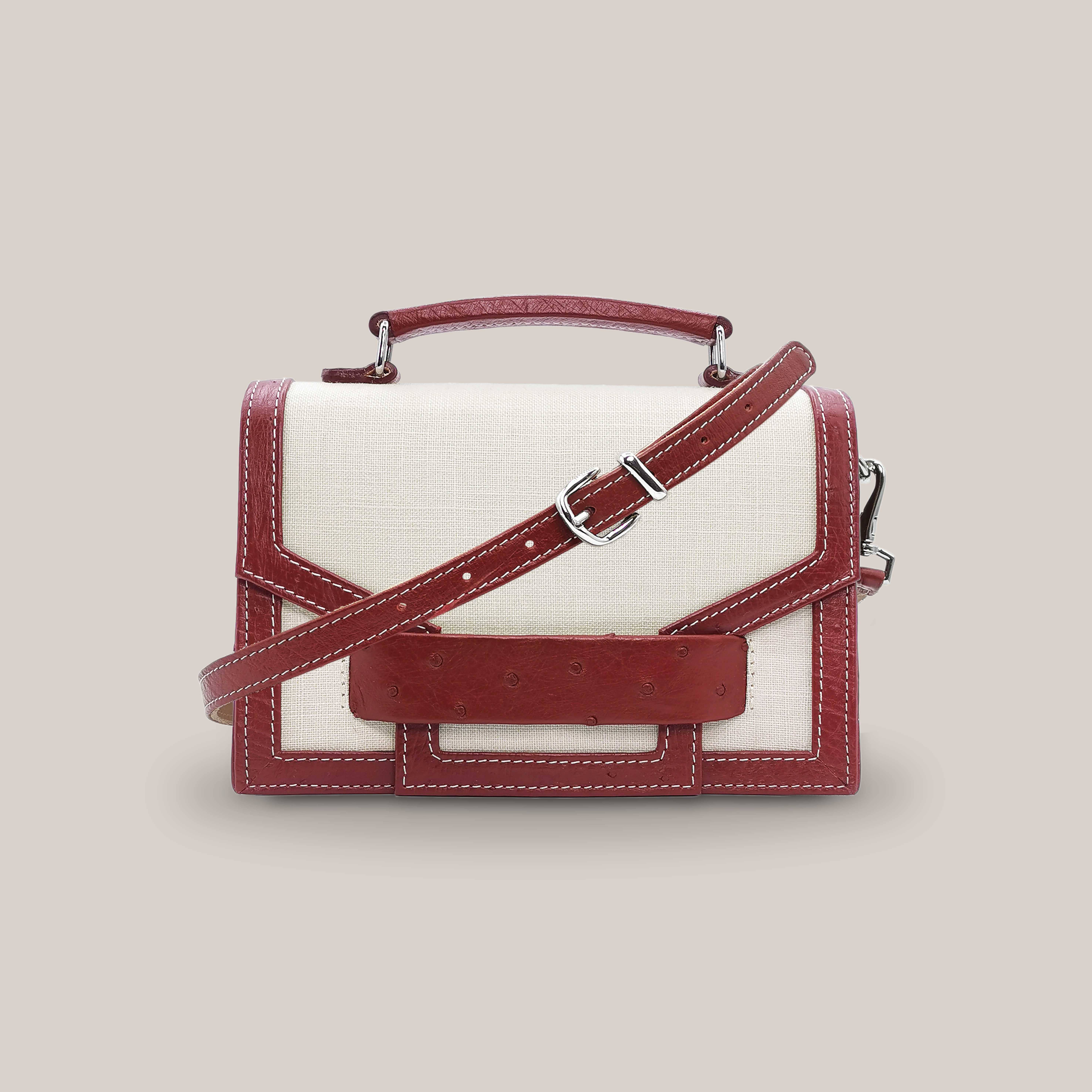 bordeaux Alca Burgundy Ostrich Leather And Linen Flap Bag for wholesale on Faire0