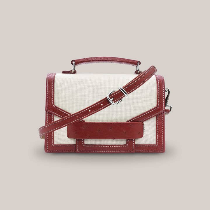 bordeaux Alca Burgundy Ostrich Leather And Linen Flap Bag for wholesale on Faire