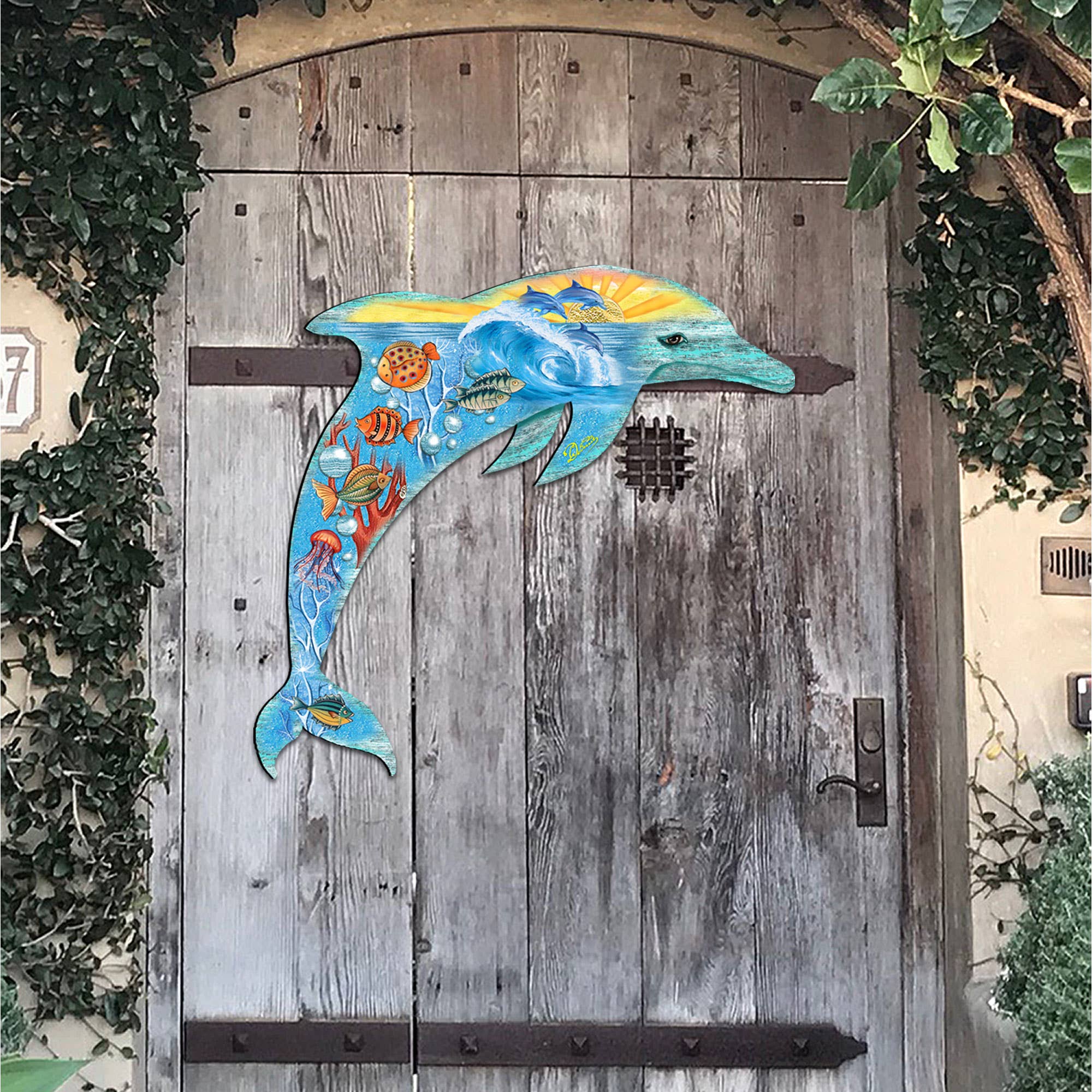 Designocracy - Wholesale Door Hanger - Sea Creatures Dolphin Wooden Door Hanger DeBrekht Coastal4