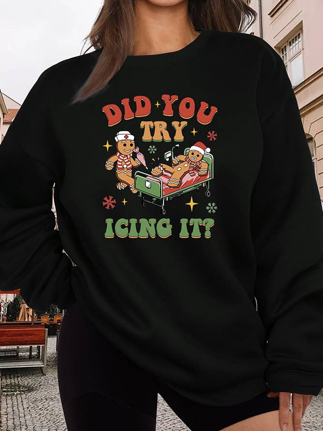 Black Funny Cookies Xmas Graphic Sweatshirt STC366D15 for wholesale on Faire