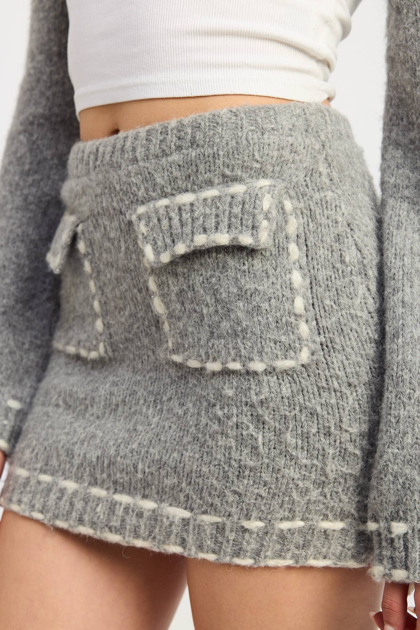 H GREY KNIT MINI SKIRT WITH CONTRASTED STITCHING for wholesale on Faire1