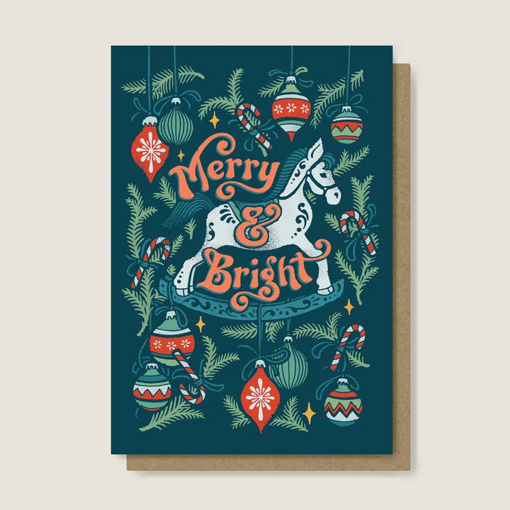Vintage Rocking Horse 'Merry & Bright' Christmas Card for wholesale by flight & fancy