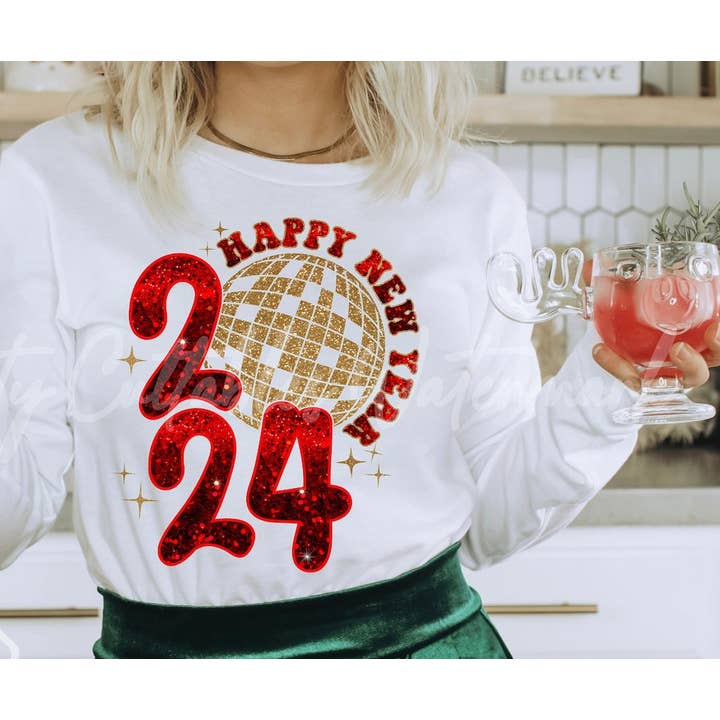 DTF Faux Sparkle Tröja Vit HNY Röd för wholesale av Cypress Slough Outfitters