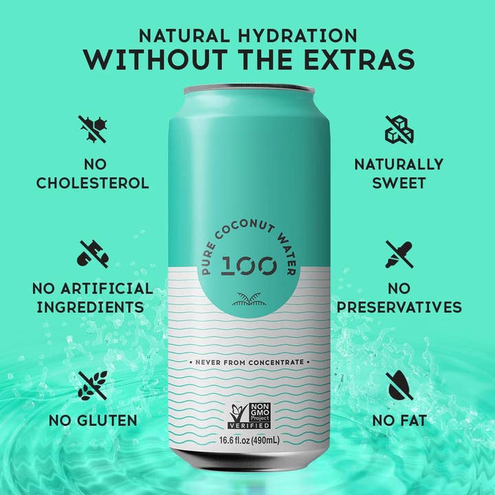 100 Coconuts - Wholesale Flavored/Infused Water (Non-Carbonated) - PURE COCONUT WATER 16.6oz - 12 Pack3