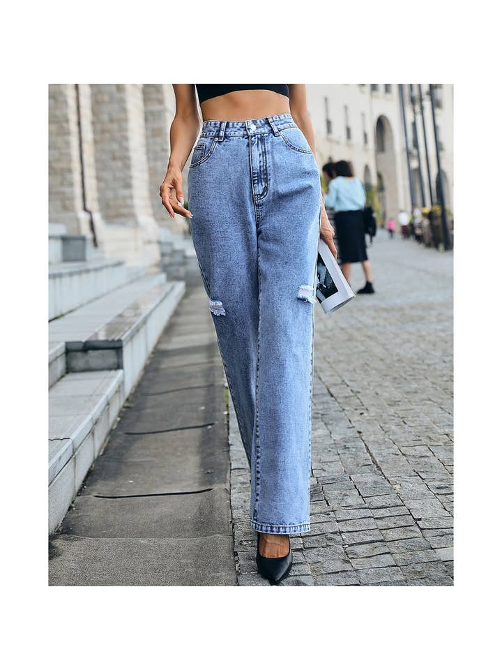 Azul Pantalones vaqueros rasgados de cintura alta, sueltos, adelgazantes y a la moda. de venta al por mayor en Faire