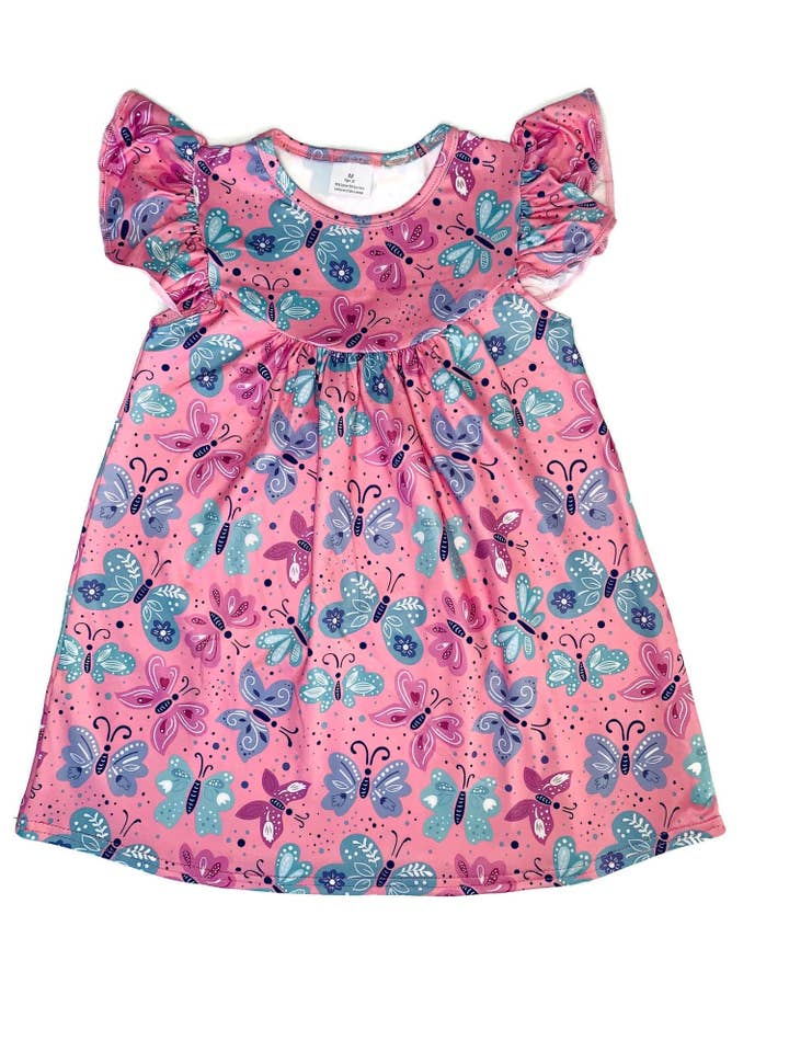 Great Lakes Kids Apparel – Engroshandel Kjole - Børn – Lyserød Pastel Sommerfugle Mælk Silke Flagrende Kjole