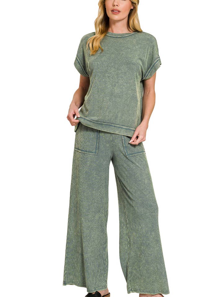 42POPS – wholesale Lounge set – Women's – ....0810 Ribbed Acid Wash Rayon Top & Pants 2PC Set SI-284135