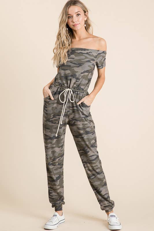 LMR5102-J-Harper's Camo Off the Shoulder Jumpsuit for wholesale on Faire5