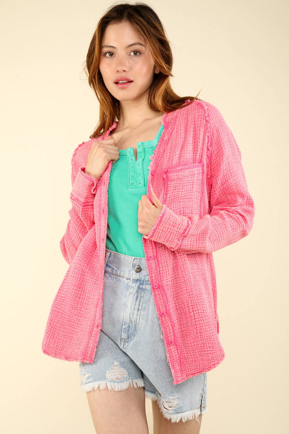 VERY J - Wholesale Button Down Shirt - Women's - NT11350-Oversized Washed Woven Crinkled Gauze Shirt Top5