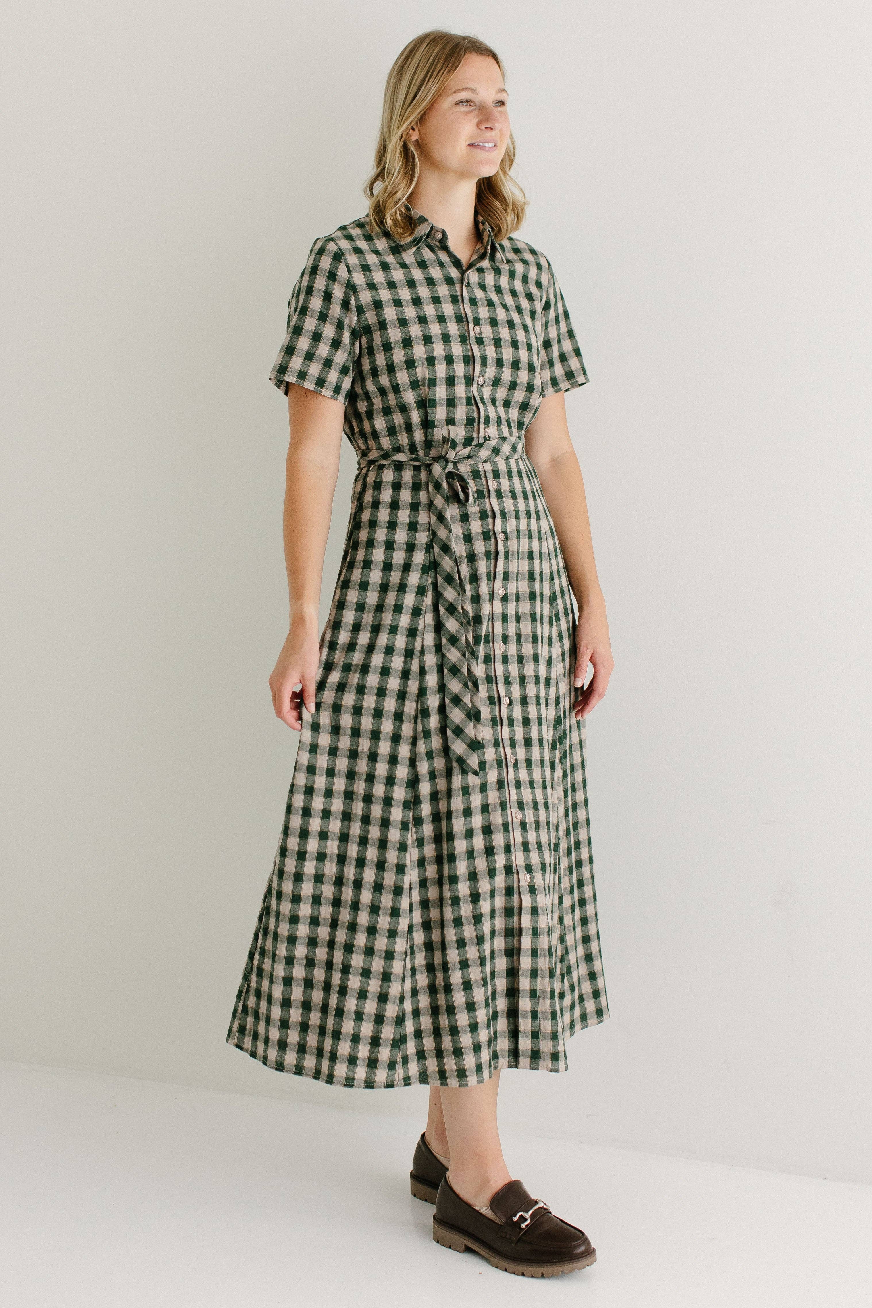 Light Tan 'Mae' Green Gingham A-Line Cotton Shirtdress FINAL SALE for wholesale on Faire8