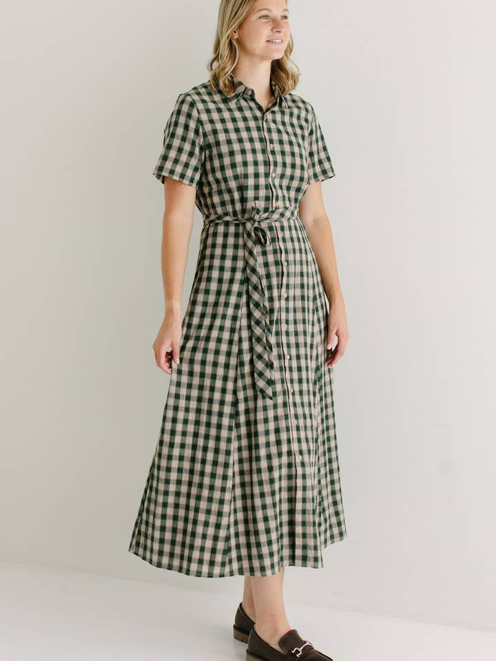 Light Tan 'Mae' Green Gingham A-Line Cotton Shirtdress FINAL SALE for wholesale on Faire8