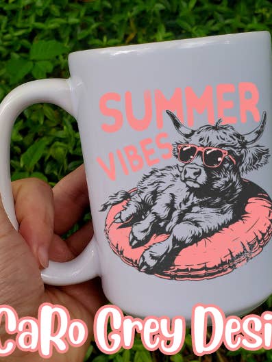 Summer Vibes Coffee Mug 15 oz doublesided cow for wholesale by CaRo Grey Designs