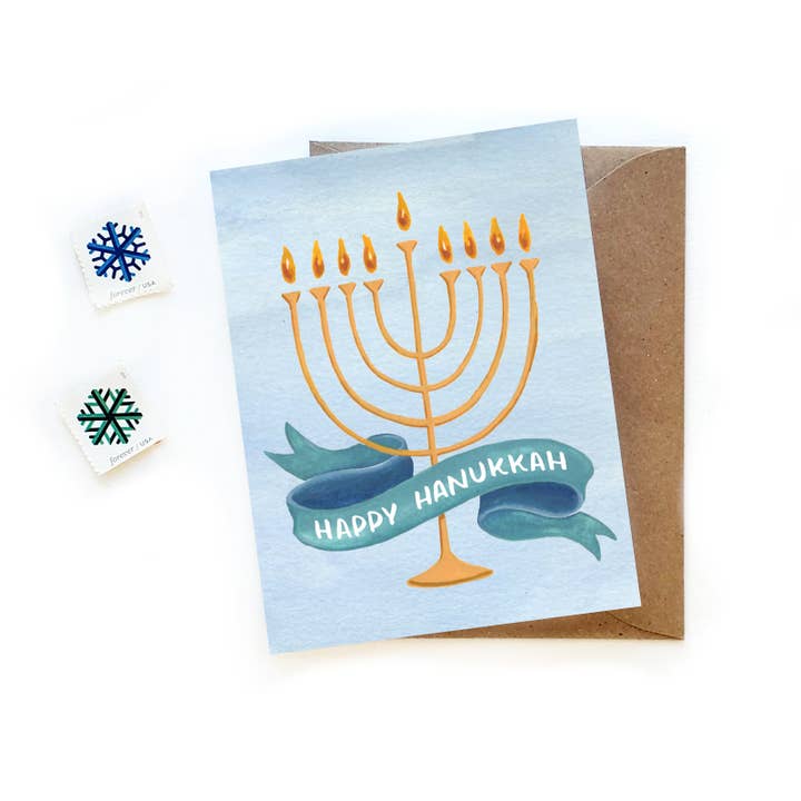 Hanukkah Menorah Card - Watercolor and Handlettering for wholesale by Sketchy Notions