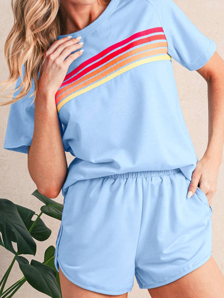 Beau Blue Colorful Striped Casual Tee for wholesale by Kustom Kreations Goods