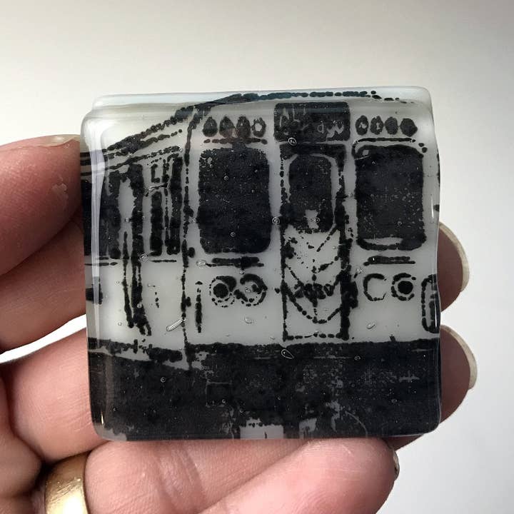 Chicago El Train Fused Glass 1.75" Magnet for wholesale by Kiku Handmade | Contemporary Fused Glass Home Goods