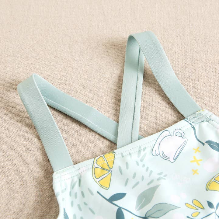 light green Girl's Bikini with Mugs and Lemons Print and Ruffle for wholesale on Faire3