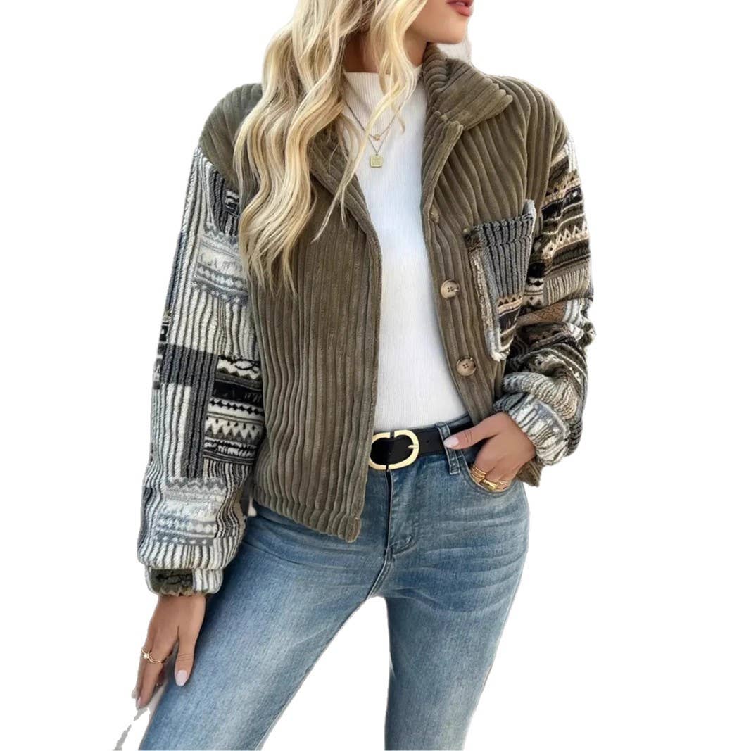 Olive Western Aztec patchwork fleece button-up jacket for wholesale on Faire11