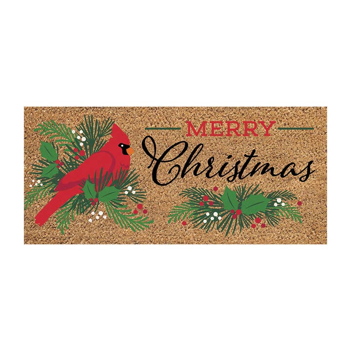 Merry Christmas Cardinal Flocked Coir Sassafras Switch Mat for wholesale by Evergreen Enterprises