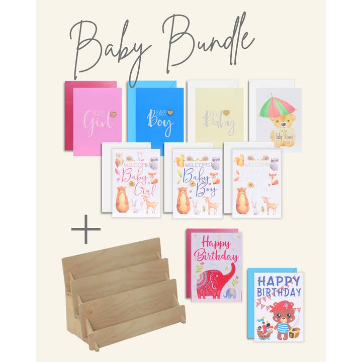 54 Baby Gratulationskort+Trä Stand Bundle -Lätt att beställa för wholesale av Lil's Cards