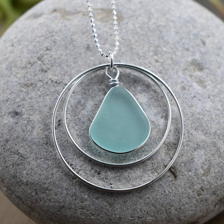 Eco Glass Multi circle silver pendant, geometric seaglass for wholesale by Whitelotus Design