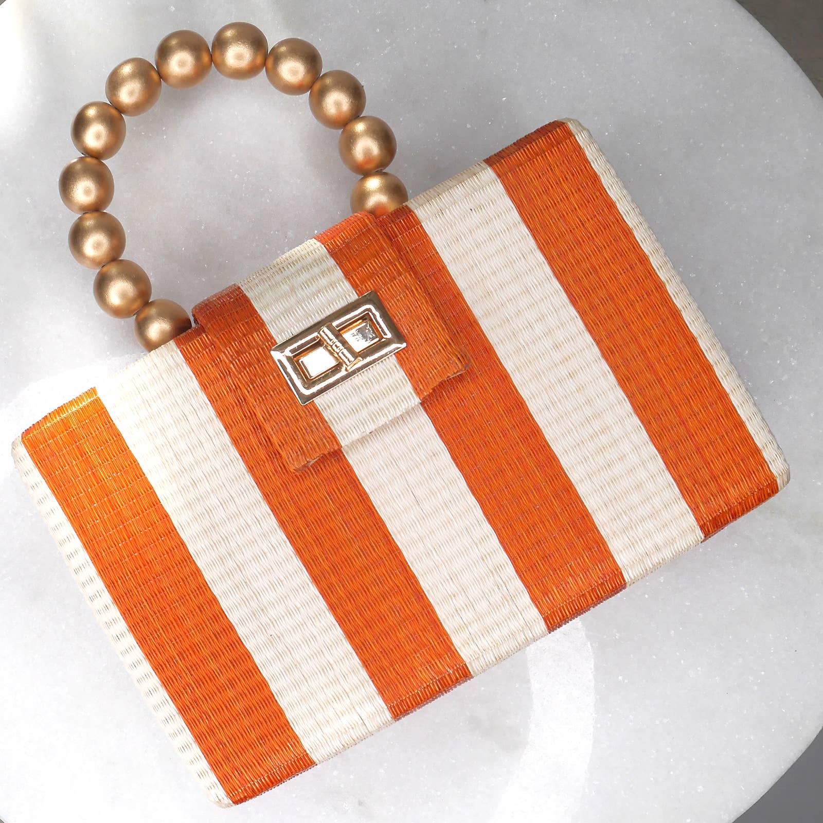 Soli & Sun - Wholesale Clutch Bag - Women's - Orange Stripe Clutch Bag | Gold Bead Handle | Artisanal Luxe4