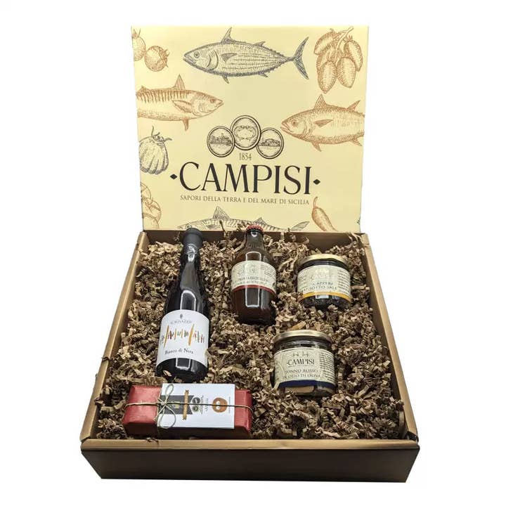 Cesta Regalo Gold 8 con 5 prodotti siciliani - Hamper 810 per la vendita all'ingrosso da parte di The Sicily Essence