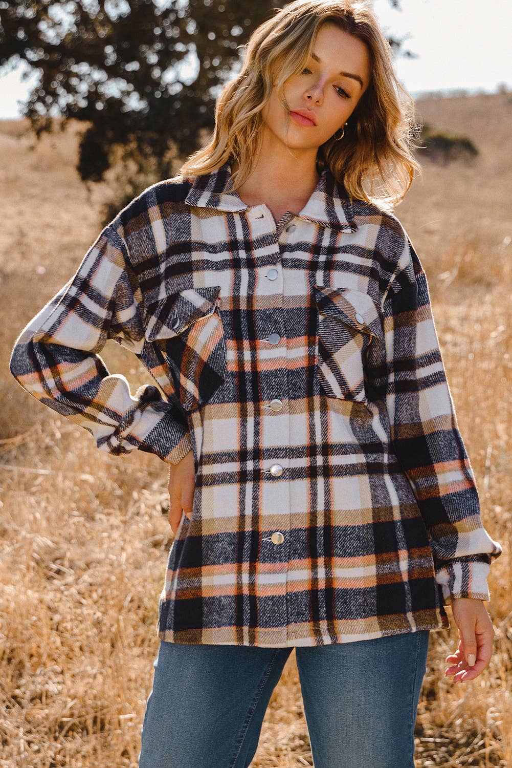 fashionworks - Wholesale Shirt Jacket/Shacket - Women's - Geometric Plaid Print Pocketed Shacket10