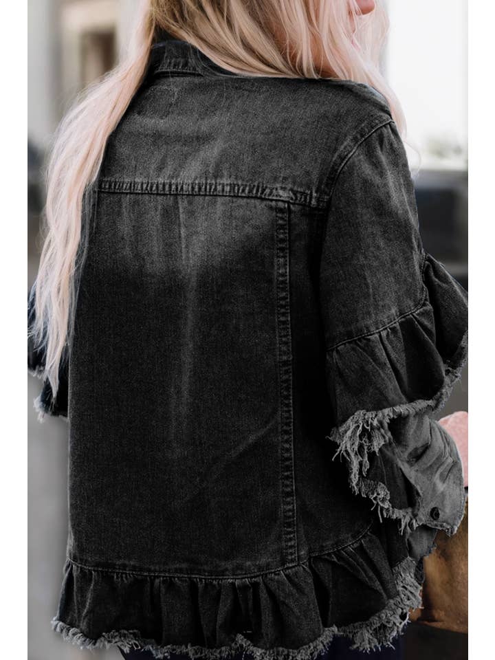 Aapparella - Wholesale Denim Jacket - Women's - Women Raw Edge Ruffled Short Sleeve Denim Jacket | S-XL