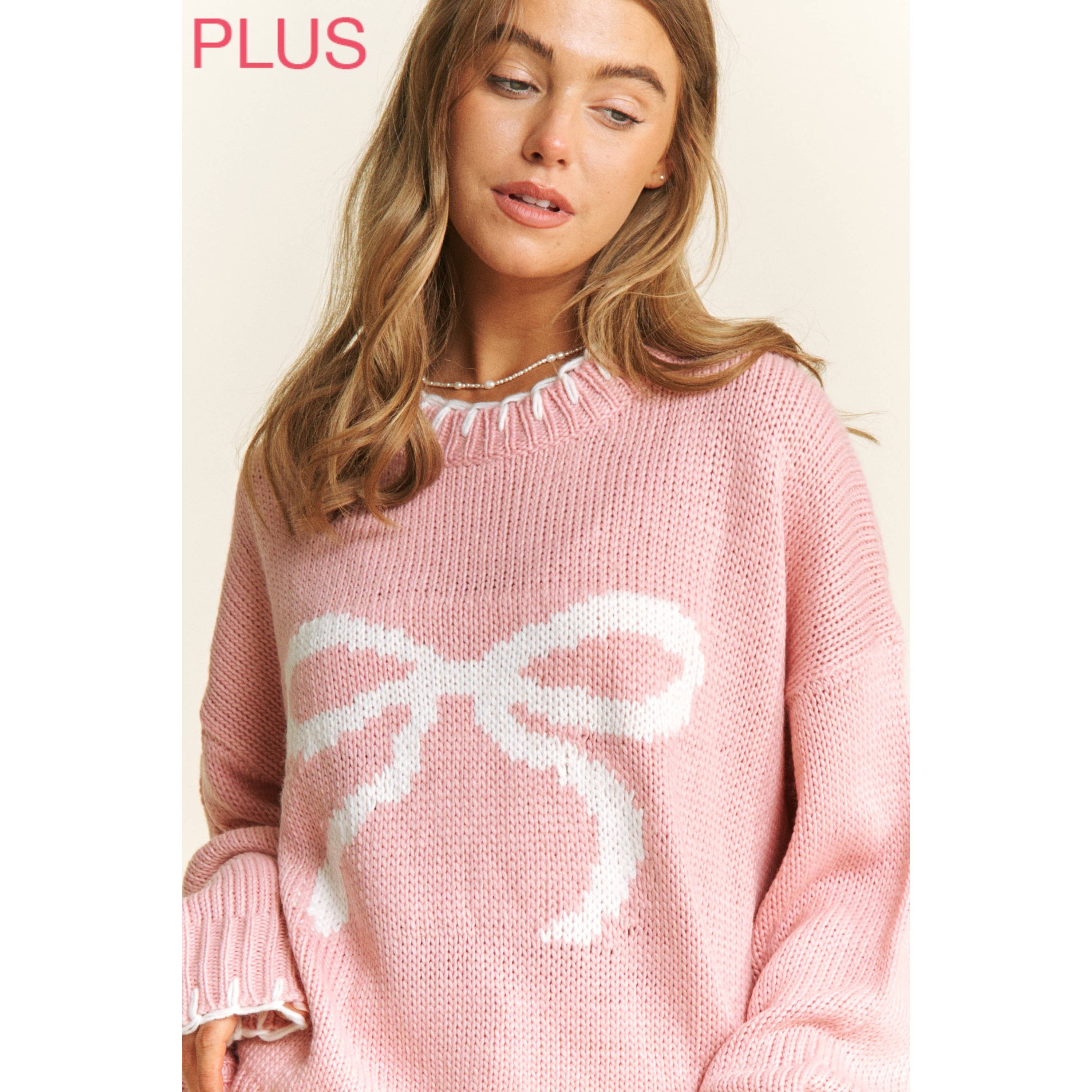 Sweet Generis – wholesale Knitted jumper – Women′s – PLUS HOLIDAY BIG BOW SWEATER PULLOVER WITH CONTRAST EDGE STI11