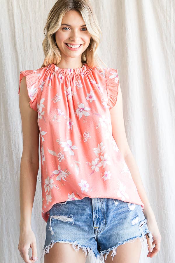 7th Ray - Wholesale Blouse - Women's - Boho Floral Ruffle Sleeve  Shirred Neckline Blouse T47930