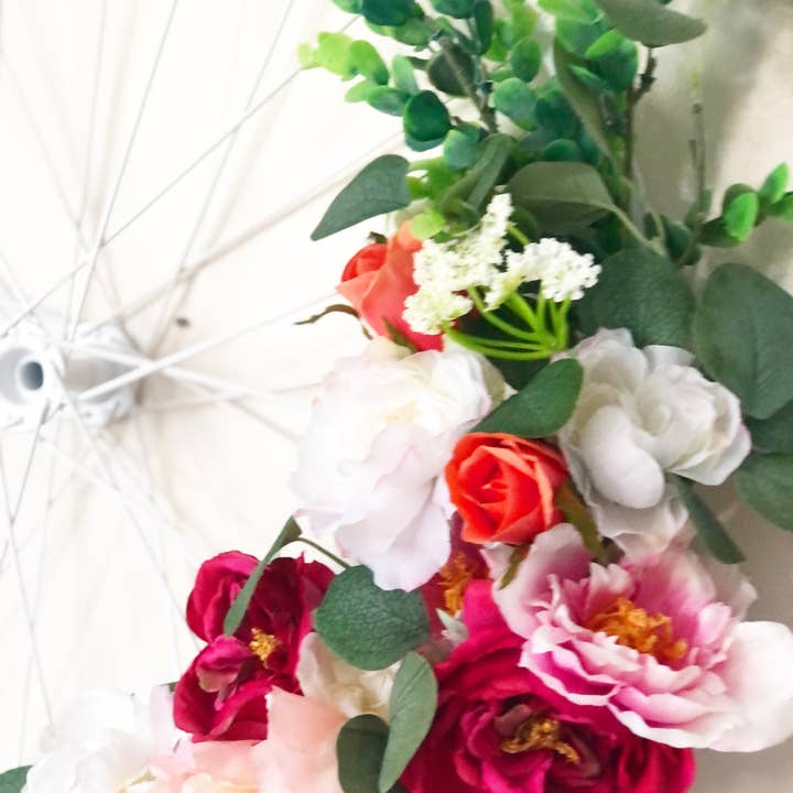 Foundations Decor - Wholesale Wreath - White Bicycle Wheel Floral Wreath (marked down)