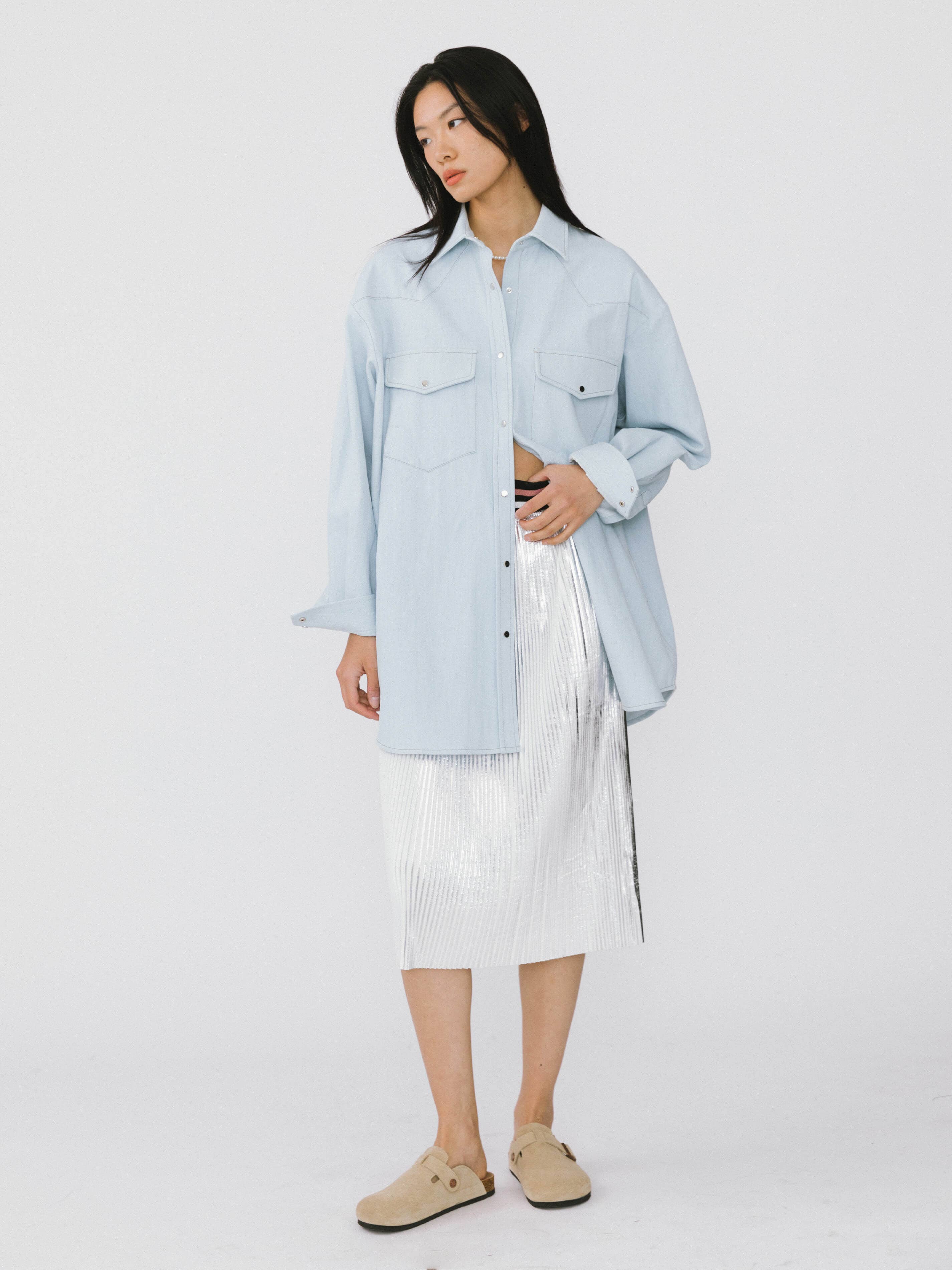 Silver Metallic Pleated Mid-Length Skirt for wholesale on Faire4