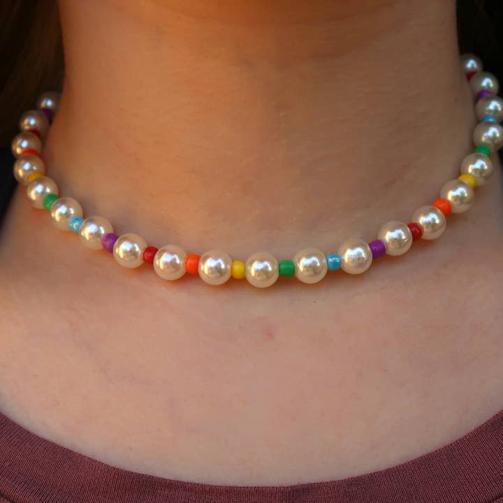 Rainbow Patterned Pearl & Seed Beaded Pride Choker Necklace for wholesale by Athena’s Art Cove