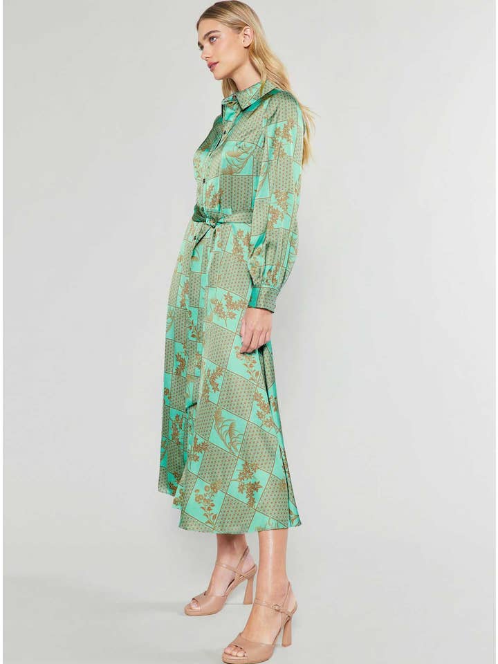Aqua Green Mlt Floral Printed Button Down Shirt Midi Dress for wholesale on Faire