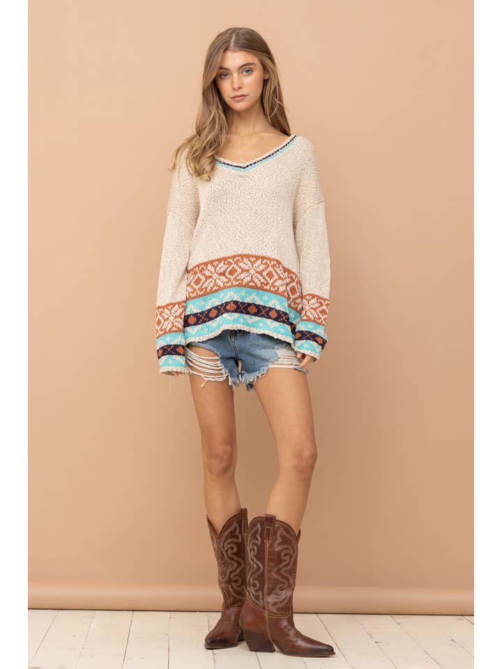 BEIGE 17137W - V-Neck Long SLV Aztec Sweater for wholesale on Faire