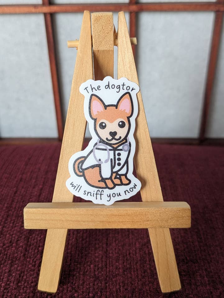 Doctor dog pun vinyl waterproof sticker for wholesale by Lia Mayu Designs