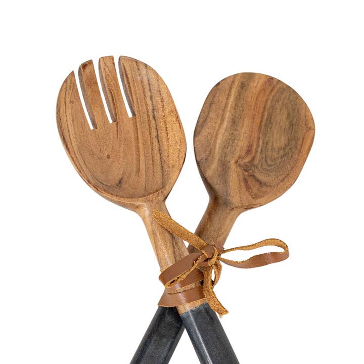 Foreside Home & Garden - Wholesale Serving Utensil - Louisa Set 2 Serving Wood Utensils Black Marble Handles1