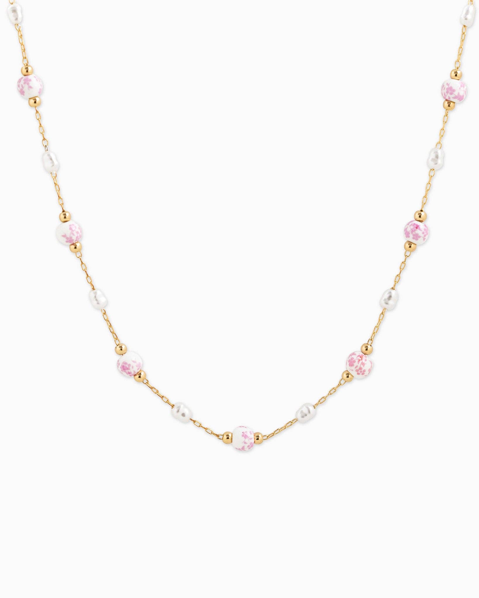 Sessori - Wholesale Beaded/Pearl Necklace - Ceramic Light Pink and Pearl Mix Bead Chain Necklace