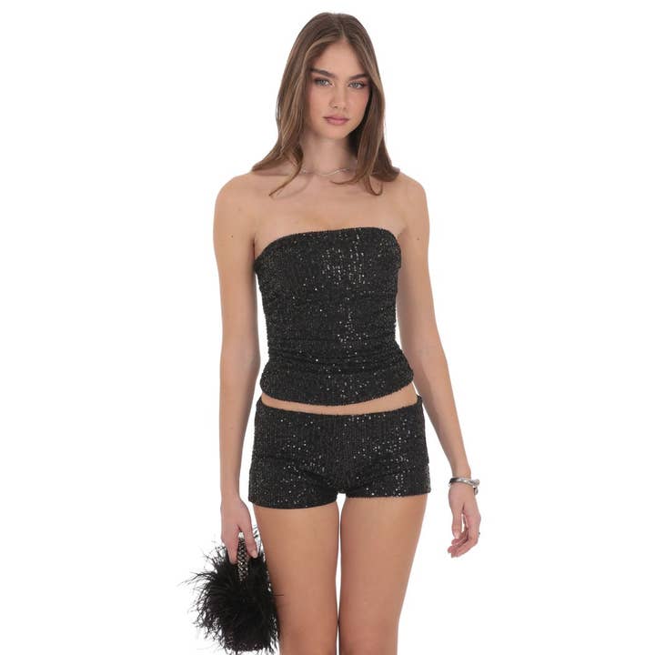 Top a fascia arricciato con paillettes in nero per la vendita all'ingrosso da parte di Lucy In The Sky