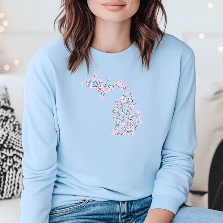 "Michigan Cherry Blossom" Relaxed Fit Long Sleeve Unisex T-Shirt for wholesale by LIVNFRESH