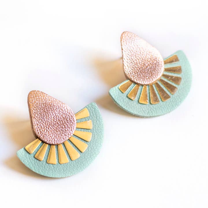 Flower earrings in metallic pink and almond green leather for wholesale by Chenoha Studio