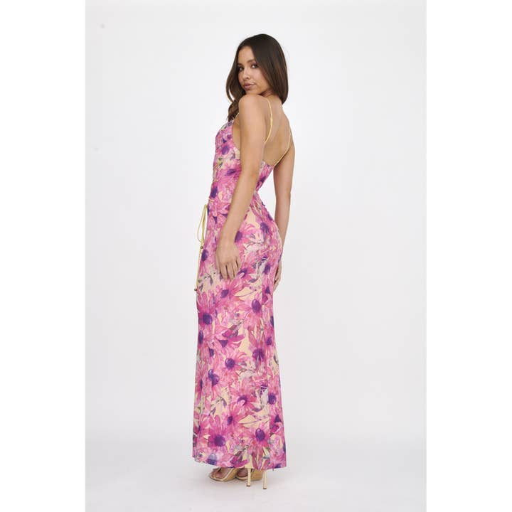 PINK COWL NECK LACE FRONT DETAIL MAXI DRESS for wholesale on Faire