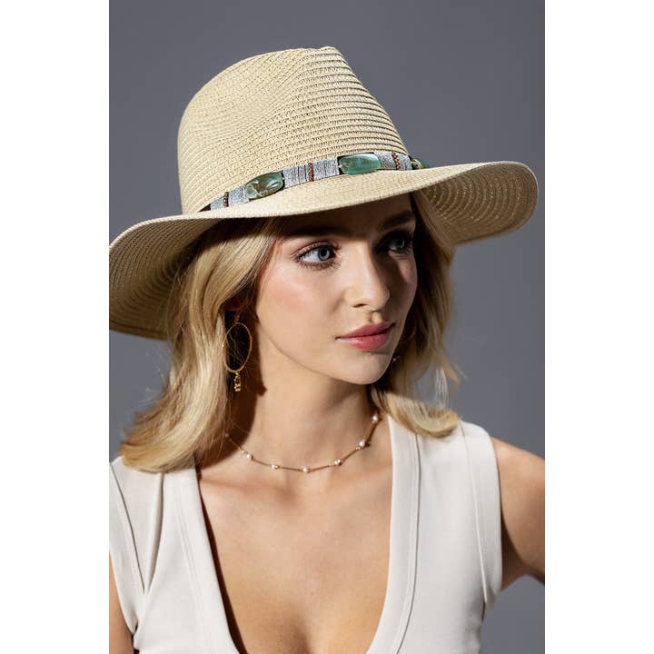Urbanista - Wholesale Straw Hat - Women's - Turquoise Beaded Band Straw Sun Hat