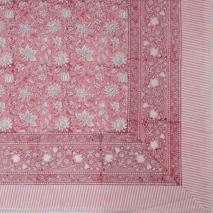 6 Seater Block Printed Rectangular Tablecloth - Peachy Pink for wholesale by Kantha Decor